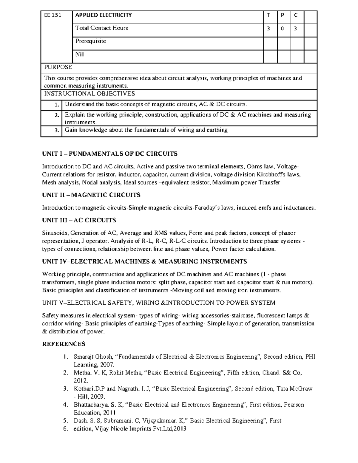 Applied Electricity By Dr Affum Ee 151 Applied Electricity T P C Total Contact Hours 3 0 3 Applied Electricity By Dr Affum Ee 151 Applied Electricity T P C Total Contact Hours 3 0 3