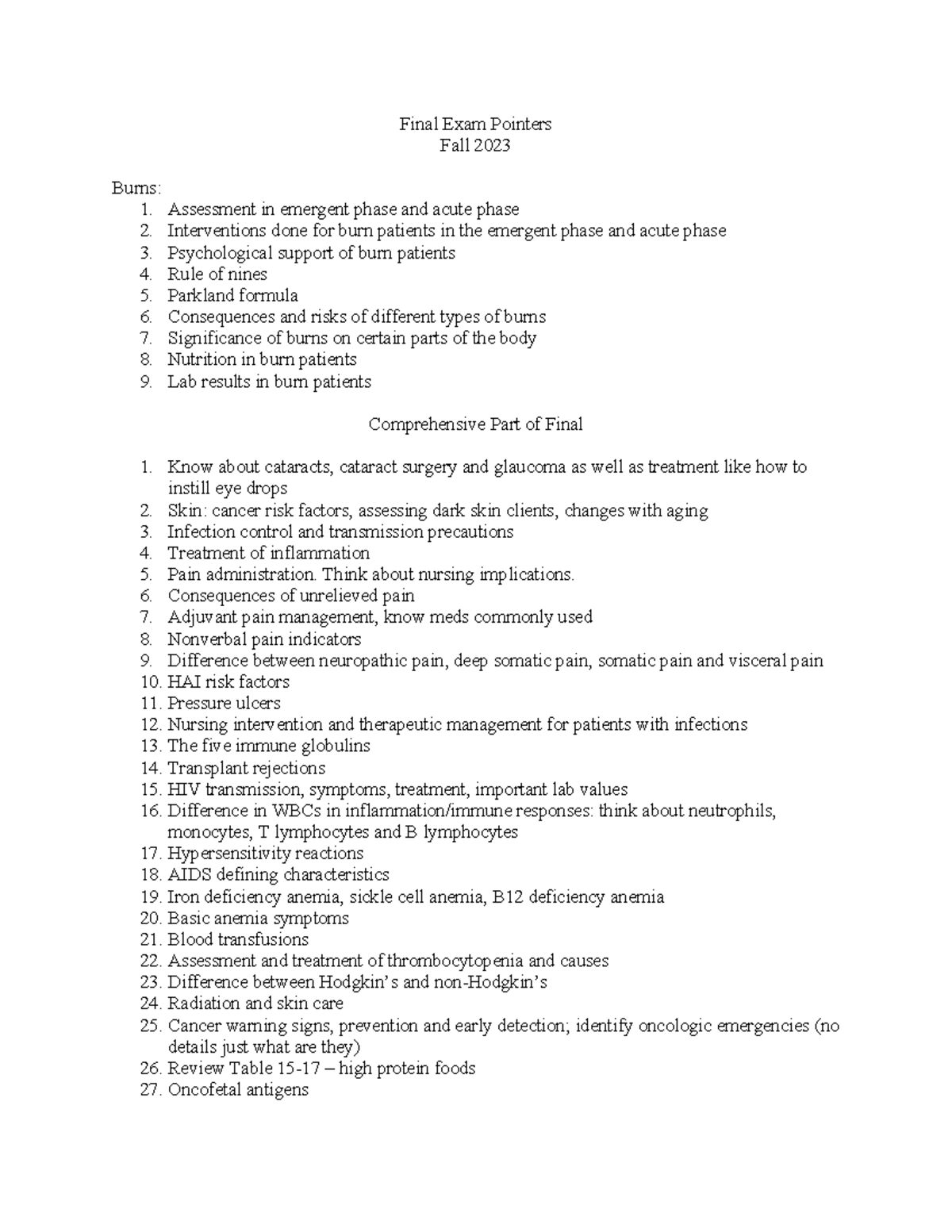 Study Guide for Final Exam Fall 2023 - Final Exam Pointers Fall 2023 ...