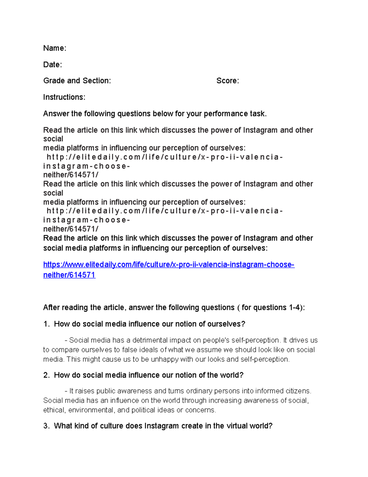 UCSP - Answers in article - Name: Date: Grade and Section: Score ...