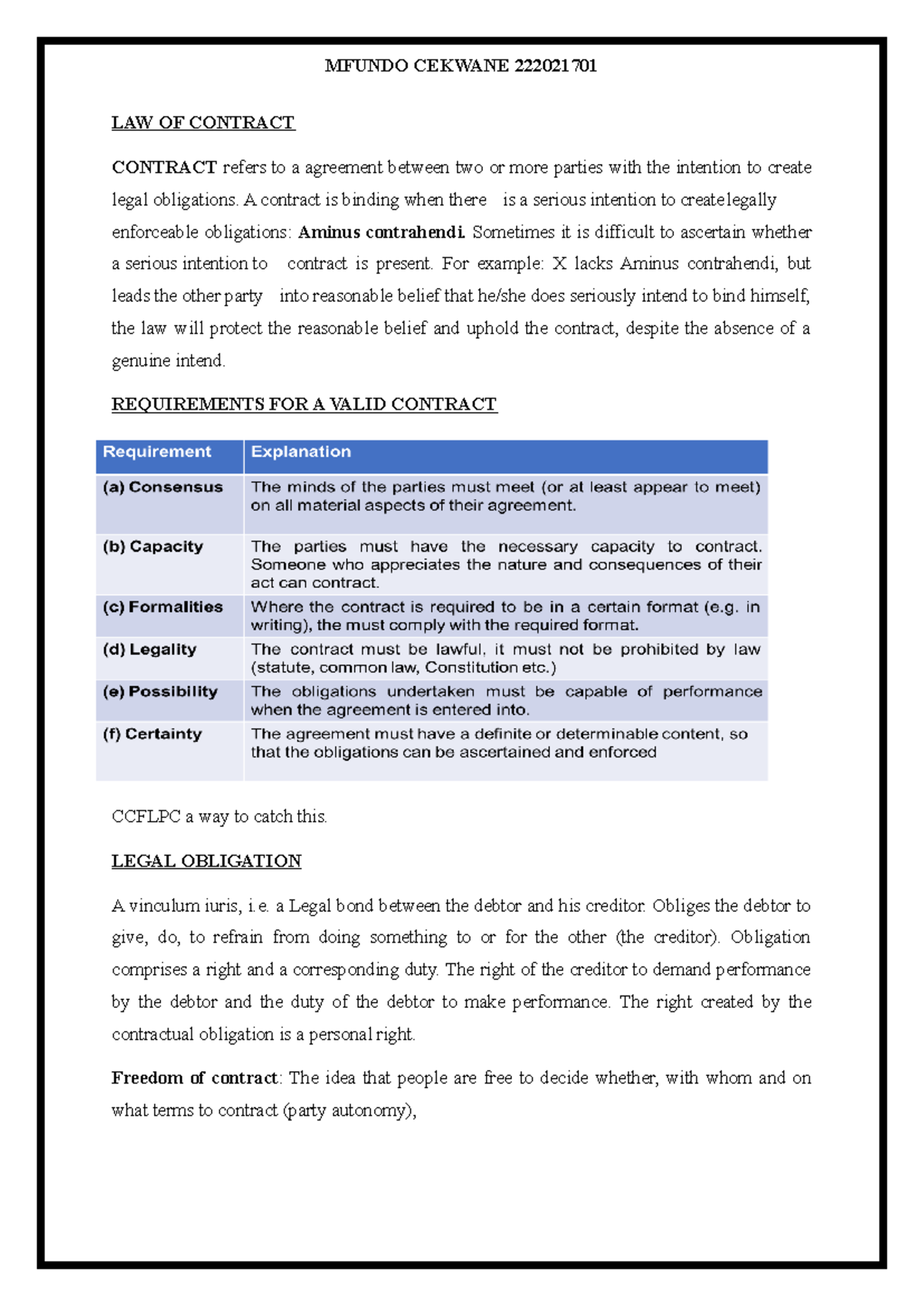 Contract LAW WORK - LAW OF CONTRACT CONTRACT refers to a agreement ...