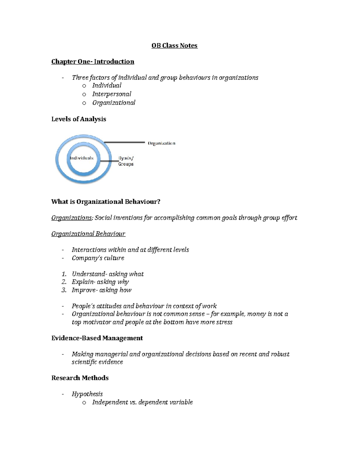 OB notes - OB Class Notes Chapter One- Introduction Three factors of ...