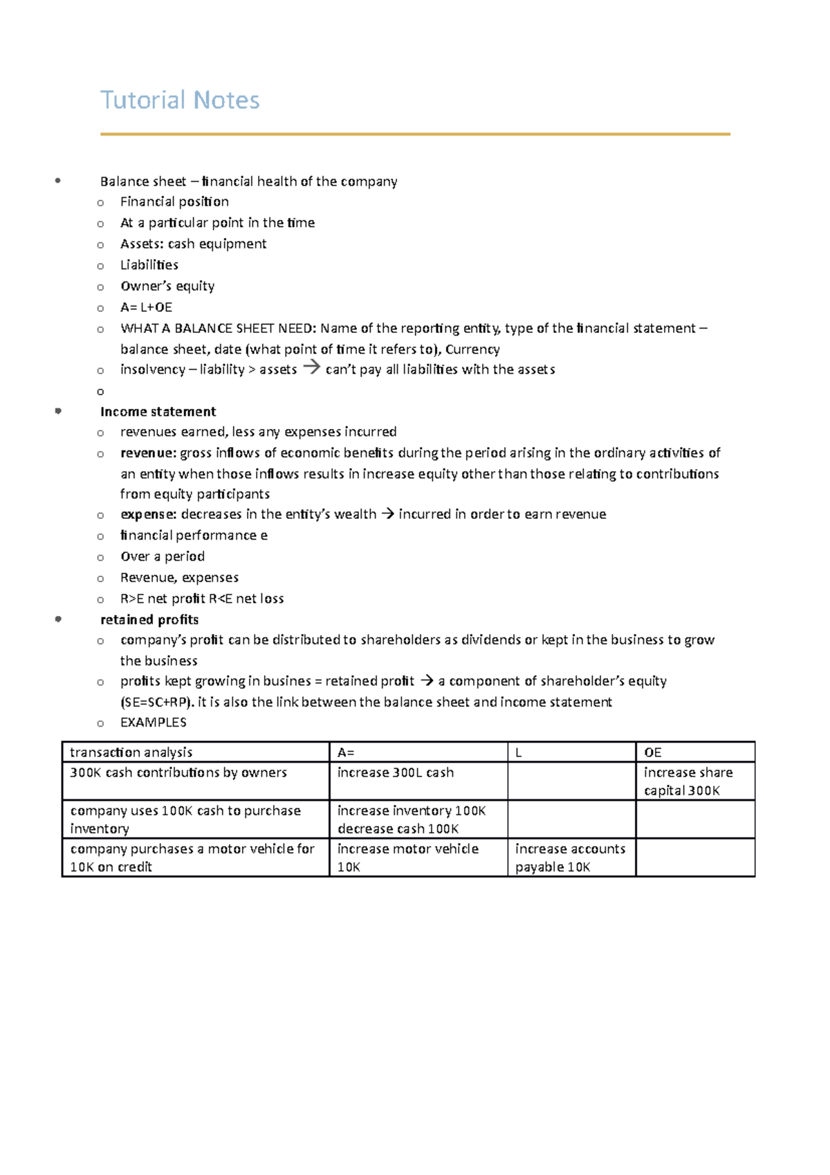 notes for lecture + tutorial - Tutorial Notes Balance sheet – financial ...