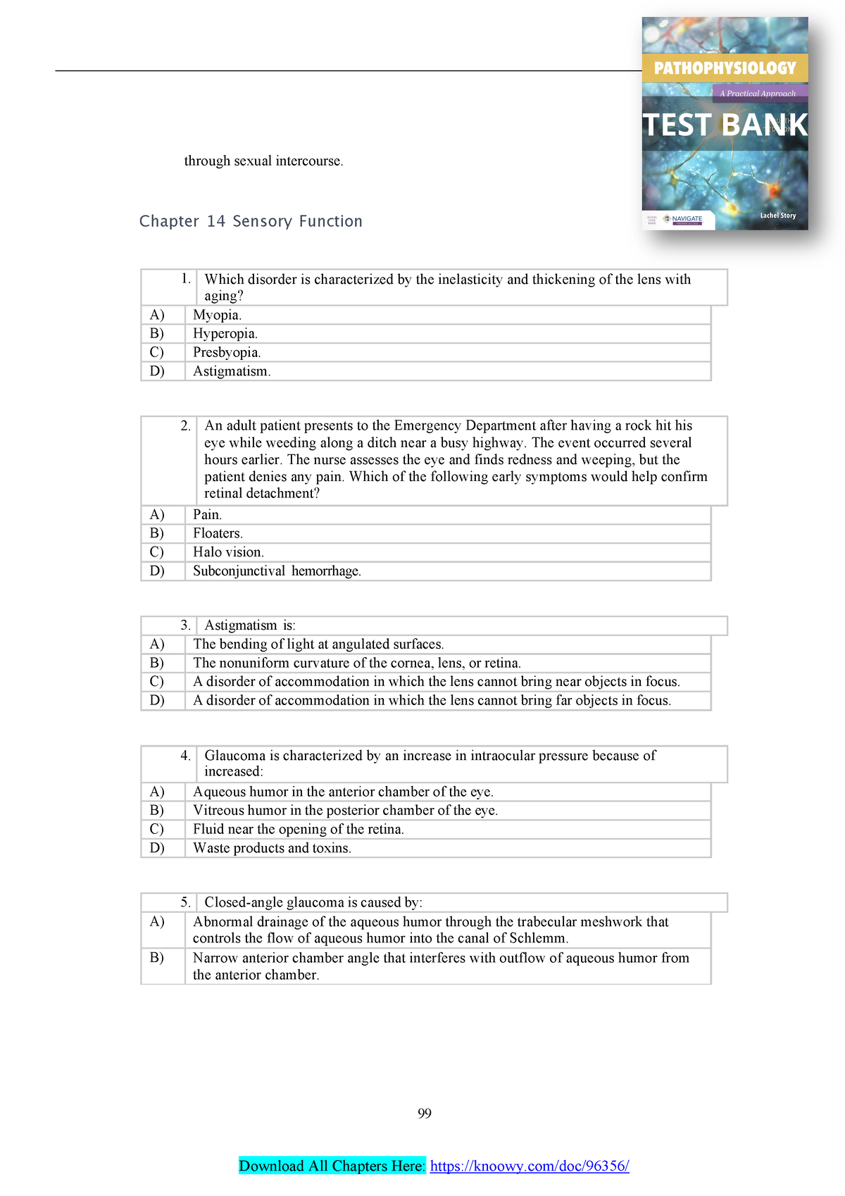 Pathophysiology A Practical Approach 4th Edition Test Bank - 99 Through ...