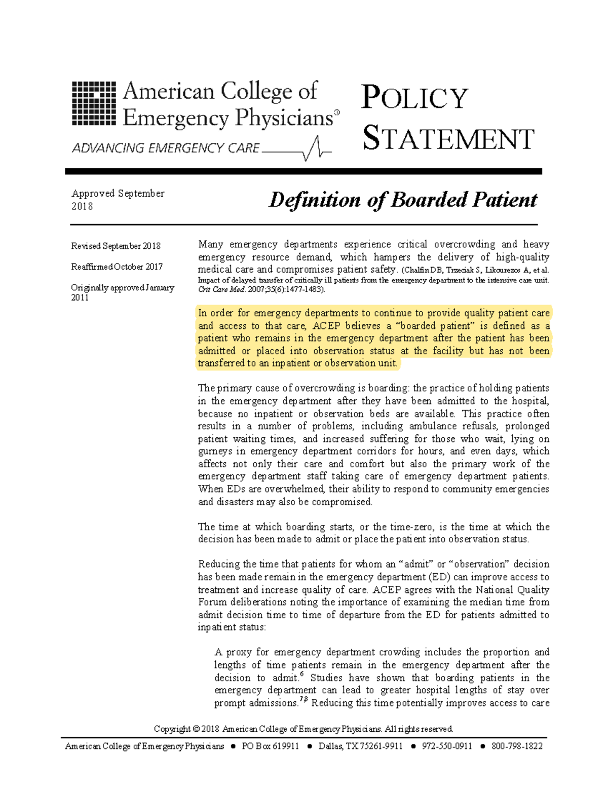 Definition of boarded patient Copyright © 2018 American College of