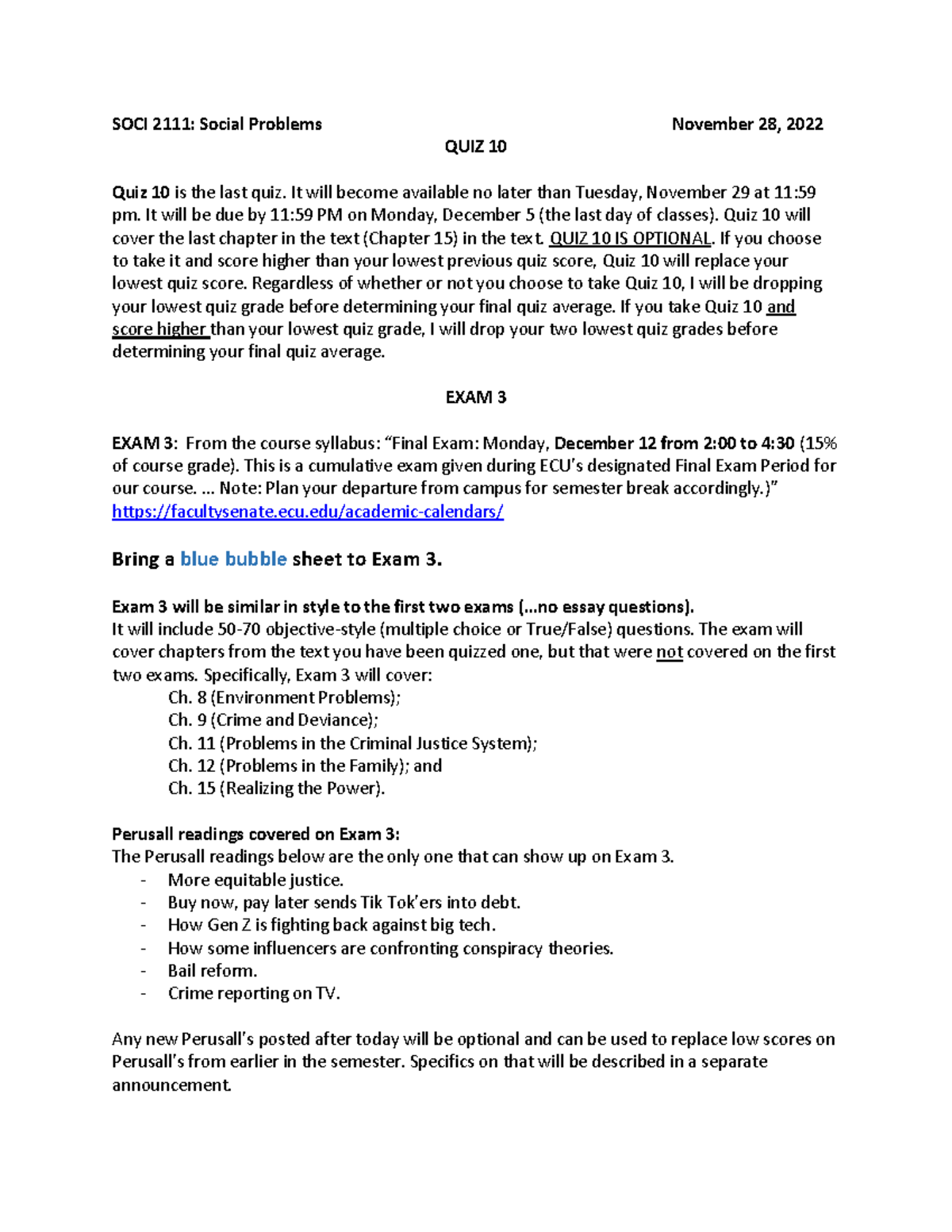 Quiz 10 and Exam 3 Study Guide - SOCI 2111: Social Problems November 28 ...