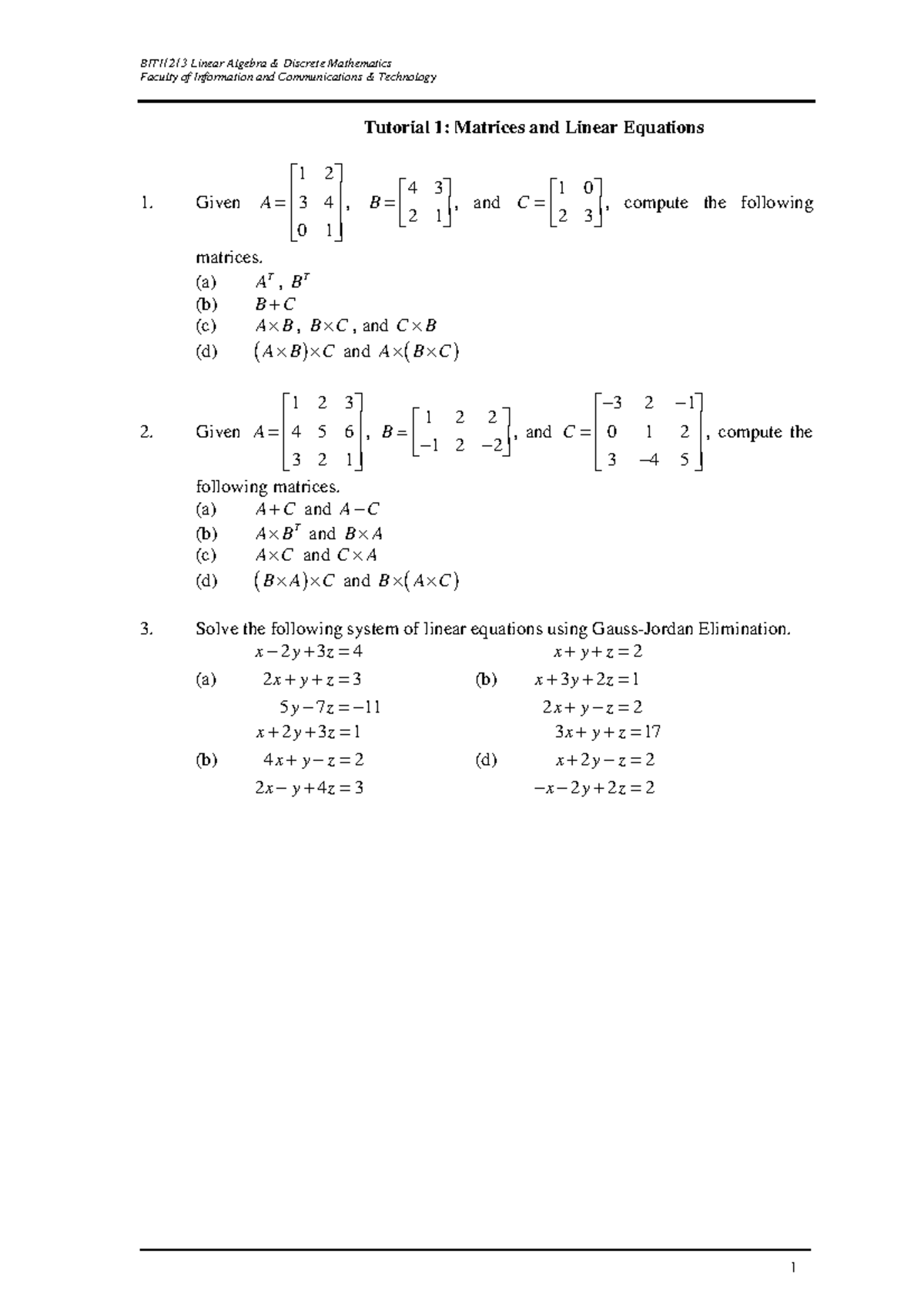 Tutorial 1 - Linear Algebra And Numerical Method - BITI1213 Linear ...