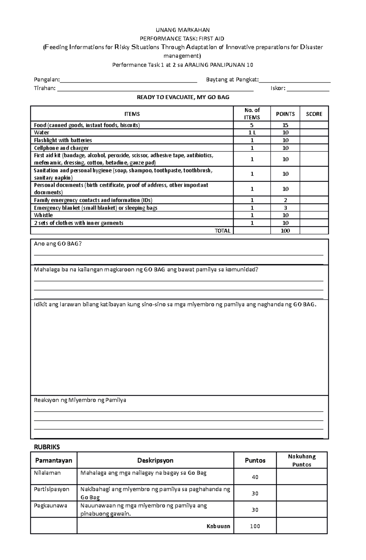 GO-BAG- Template - UNANG MARKAHAN PERFORMANCE TASK: FIRST AID (Feeding ...