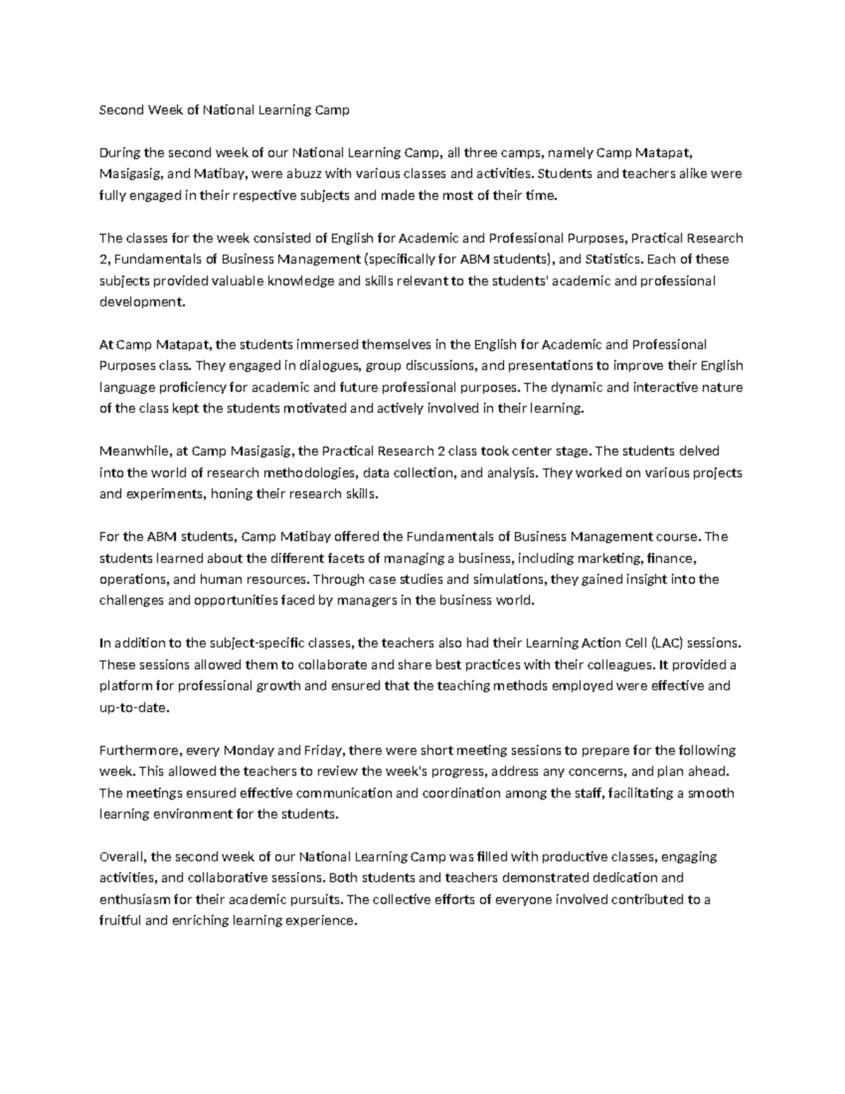 Narrative Report -Second Week of NLC - Second Week of National Learning ...