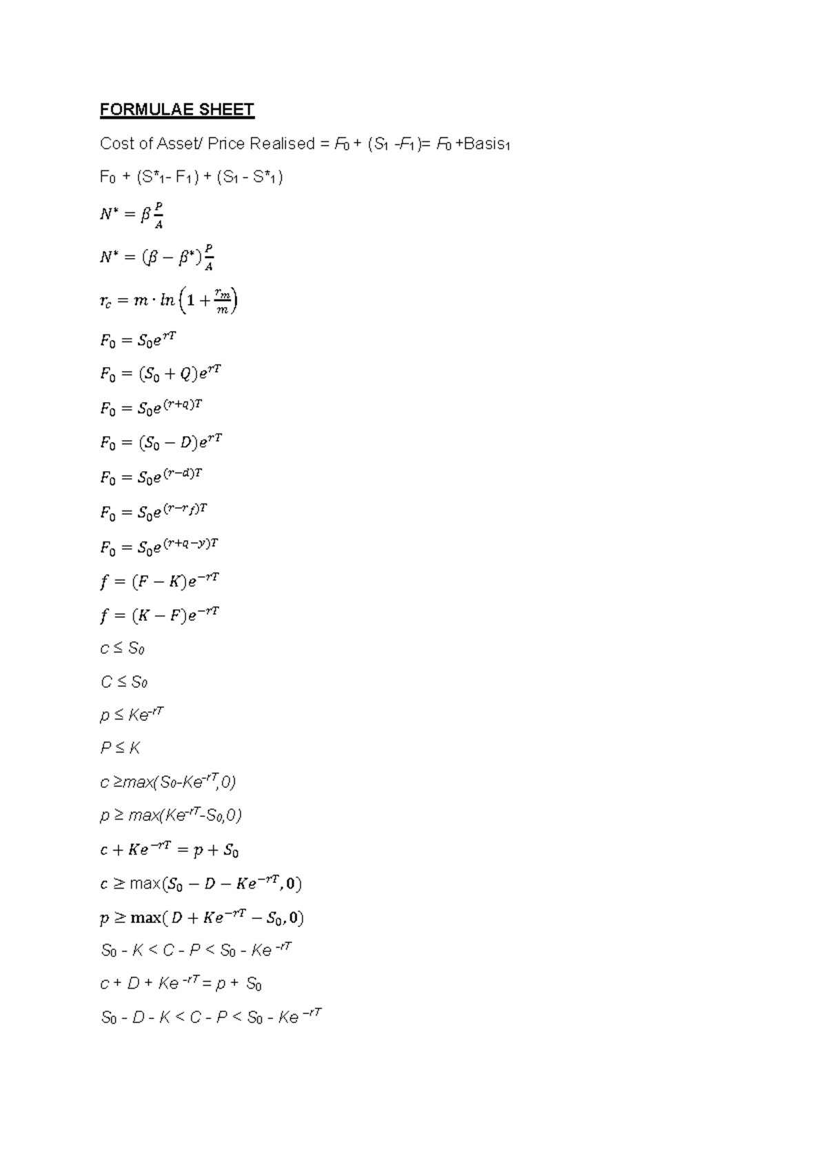 Formulae Sheet MidSem Exam - FORMULAE SHEET Cost of Asset/ Price ...