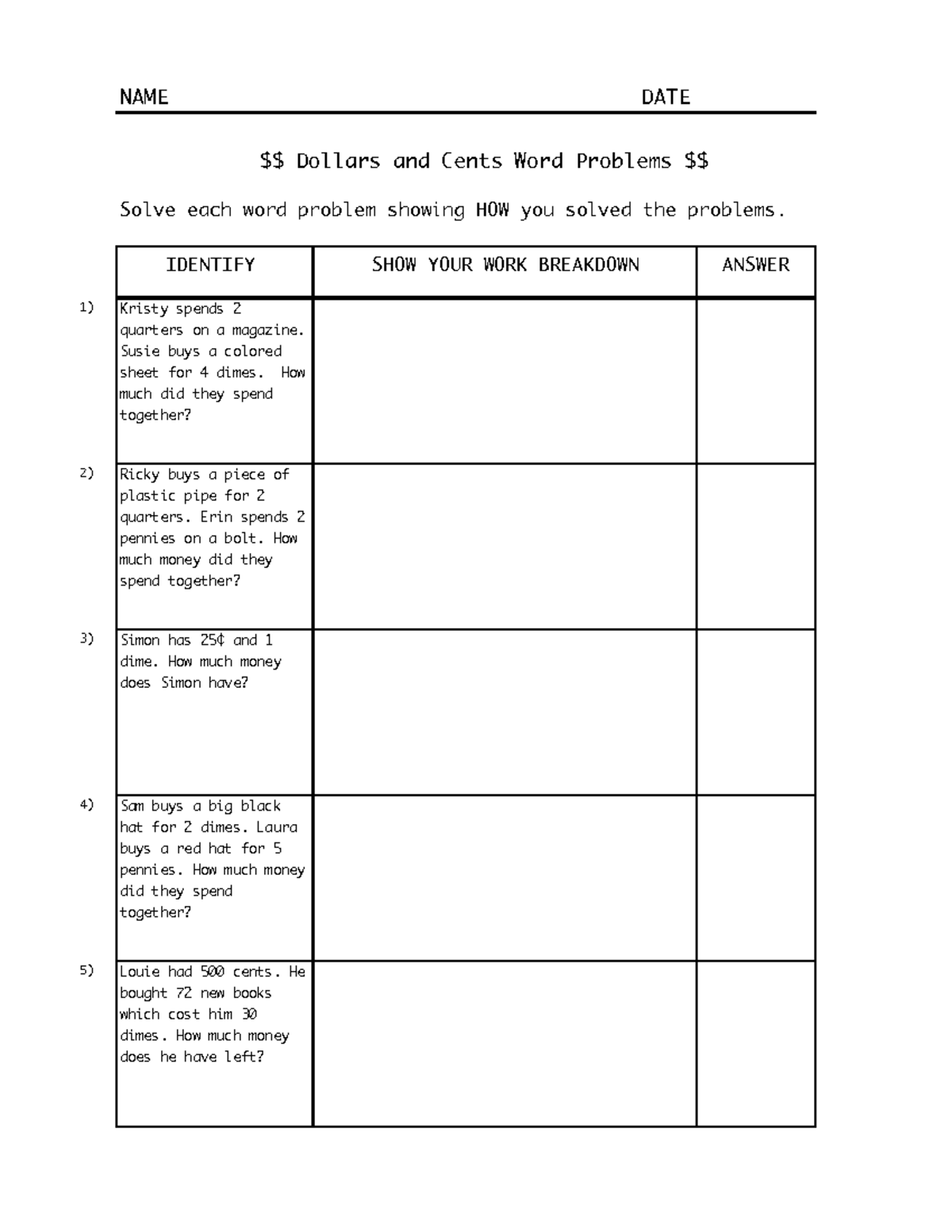 Math worksheet - Sample homework - NAME DATE $$ Dollars and Cents Word ...