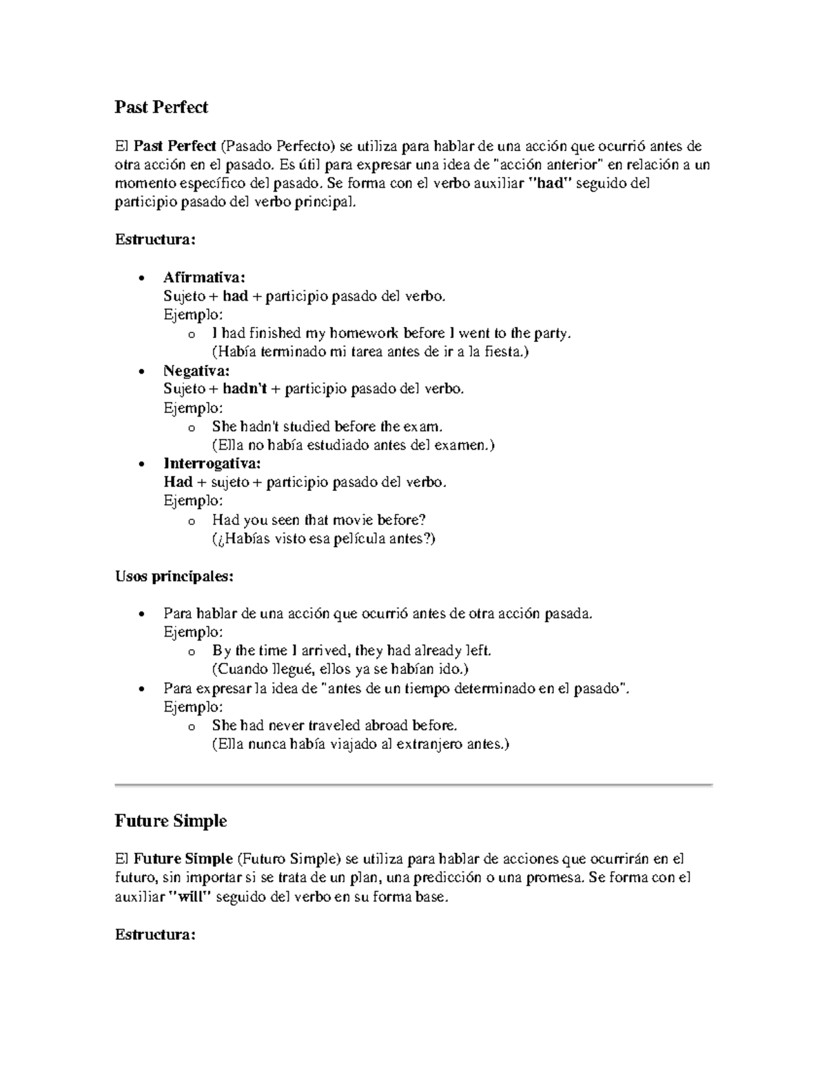Past Perfect - Resumen - Past Perfect El Past Perfect (Pasado Perfecto ...