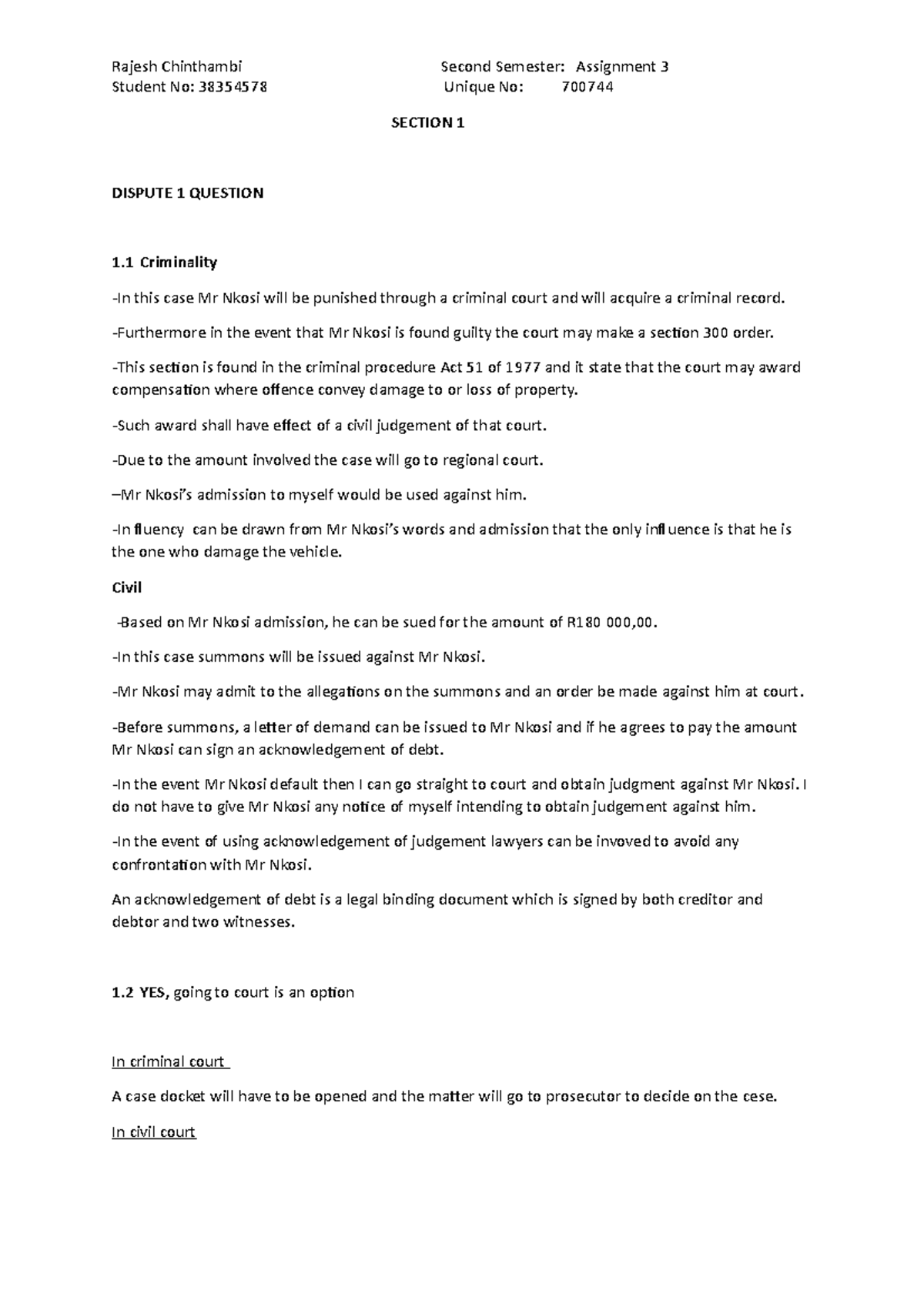Sjd Assignment 3 Second Semester 2019 Student No 38354578 Unique No 700744 Section 1 Dispute Sjd Assignment 3 Second Semester 2019 Student No 38354578 Unique No 700744 Section 1 Dispute