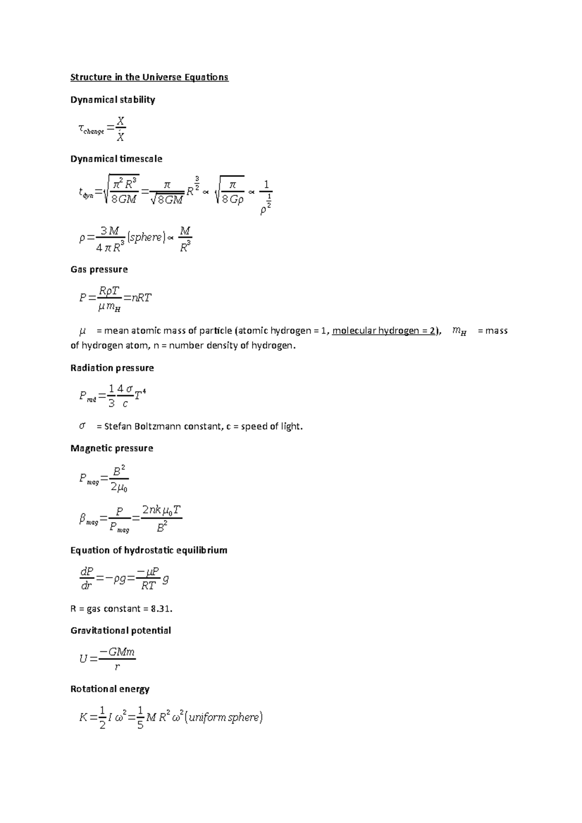 Structure in the Universe Key Equations for Year 2 Structure in the