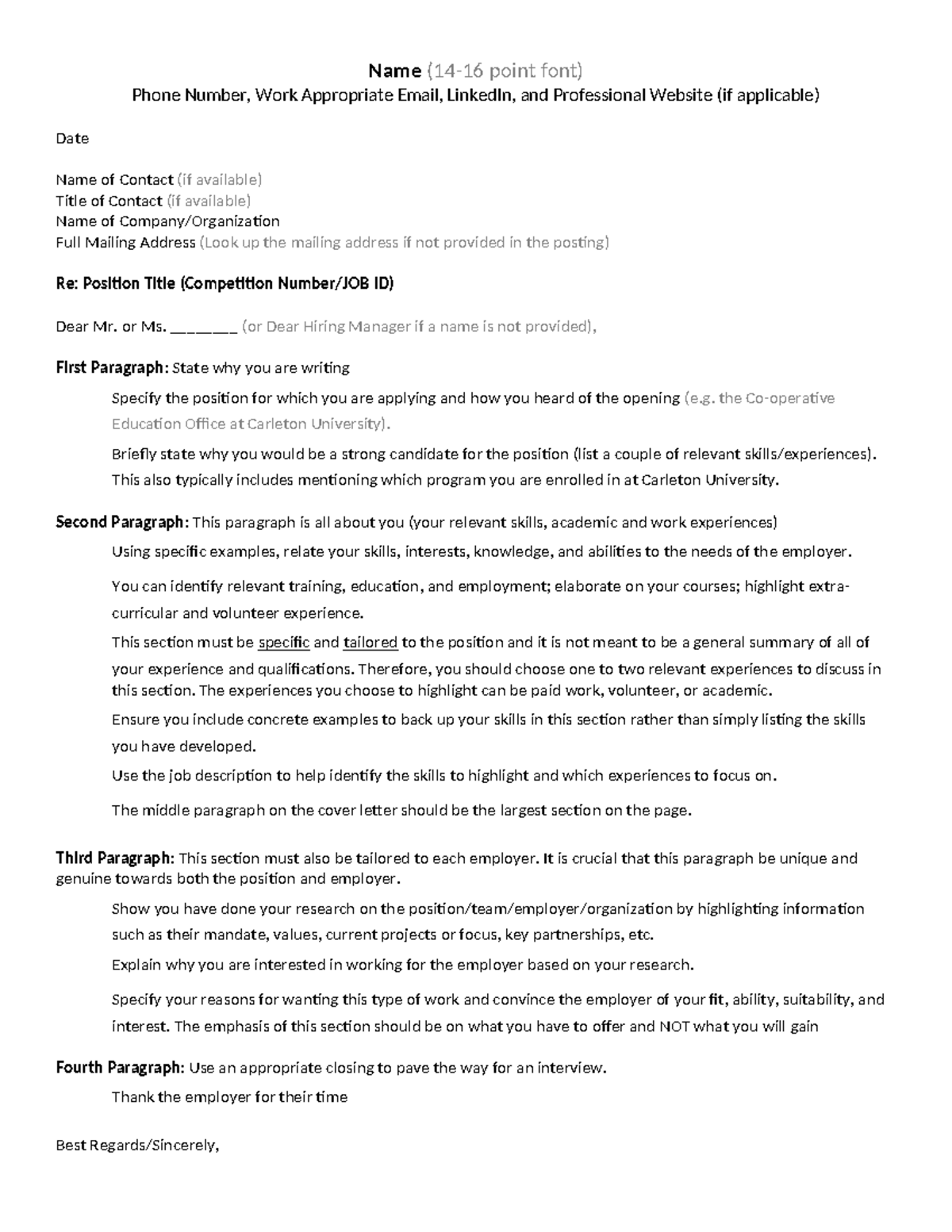 Standard Cover Letter Template 6 - Name (14-16 point font) Phone Number ...