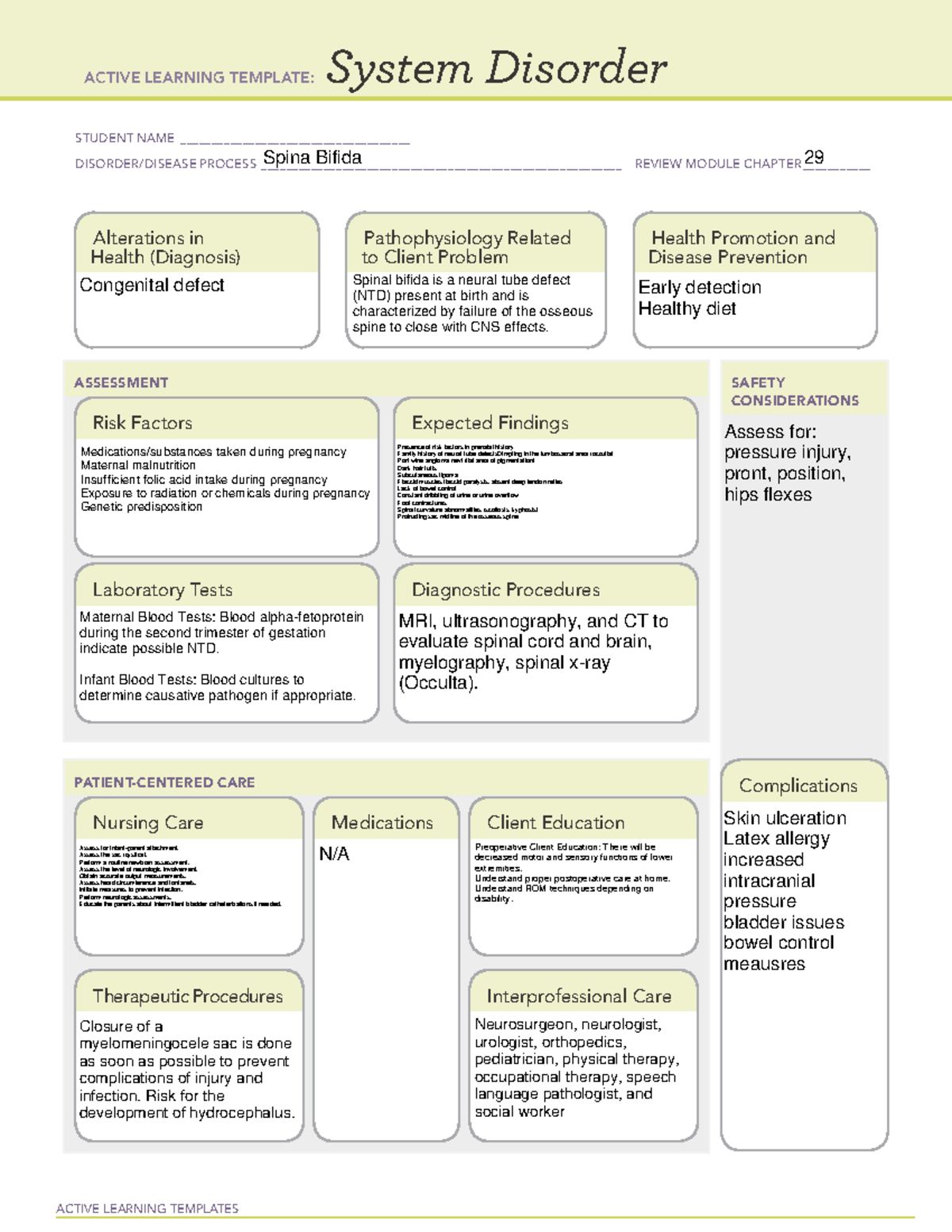 430 Practice B Spina Bifida - Active Learning Templates System Disorder 