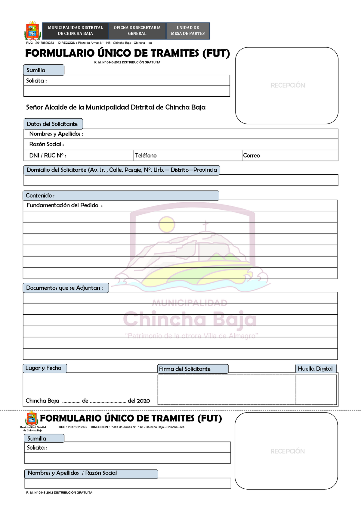 Fut Formato único De Trámite Municipalidad Distrital De Chincha Baja Oficna De Secretaria 6102