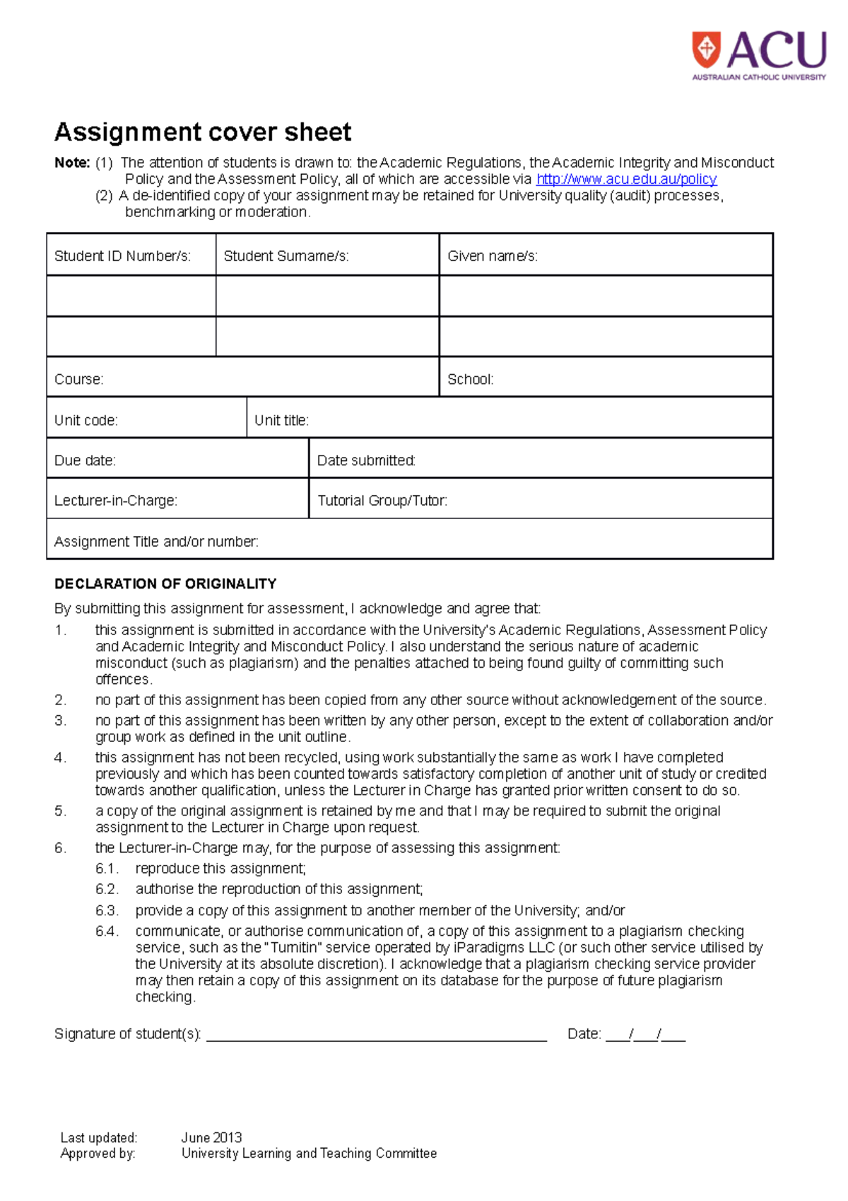 Assignment Cover Sheet 2018 0529 - Last updated: June 2013 Approved by ...