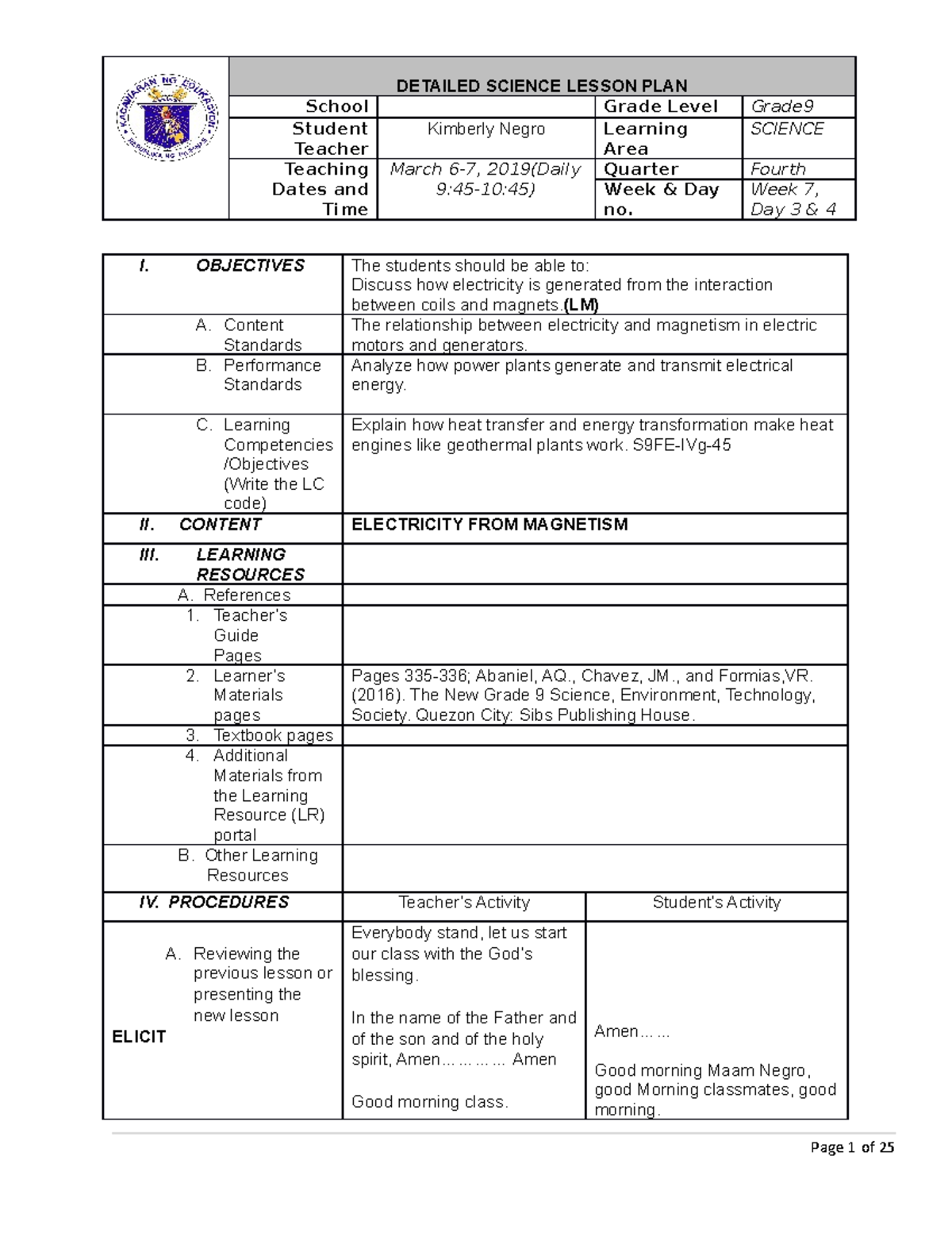 DLP 2` - .QQJJ - DETAILED SCIENCE LESSON PLAN School Grade Level Grade ...