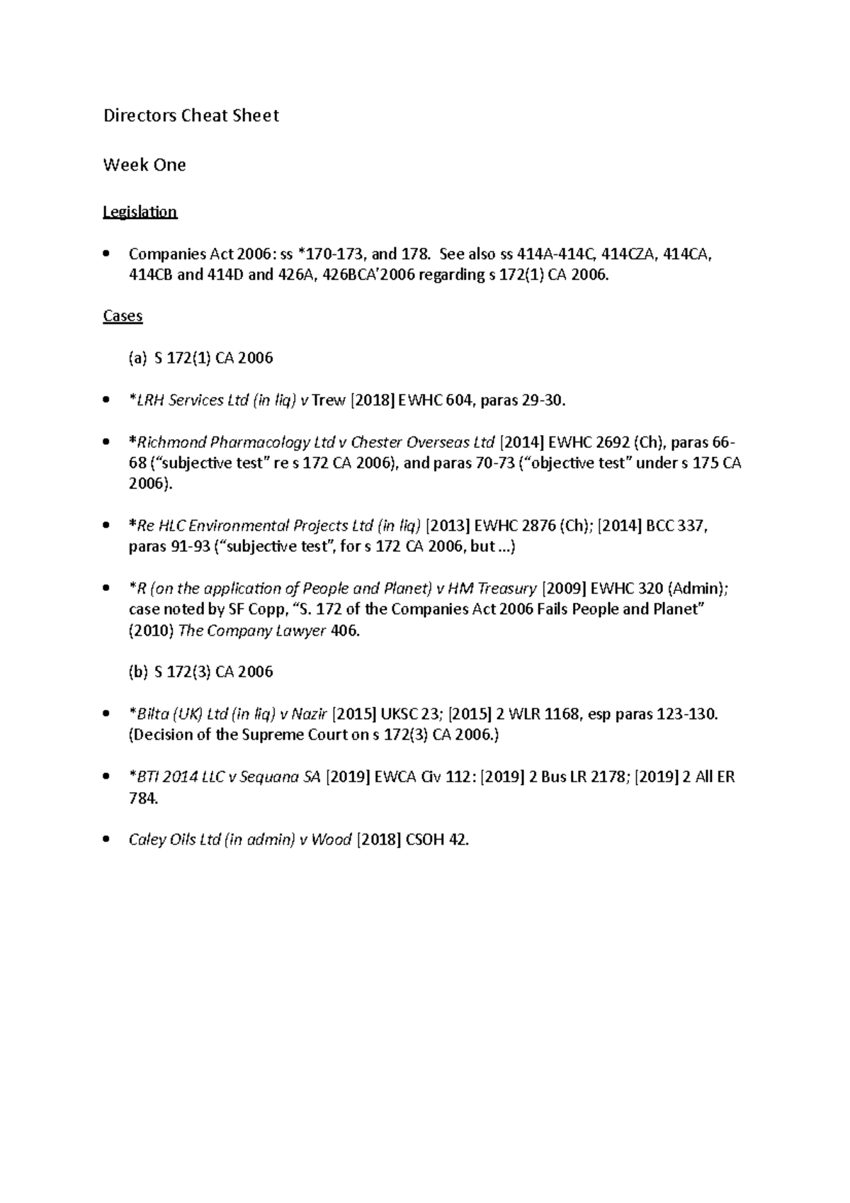 Directors Notes Directors Cheat Sheet Week One Legislation Companies