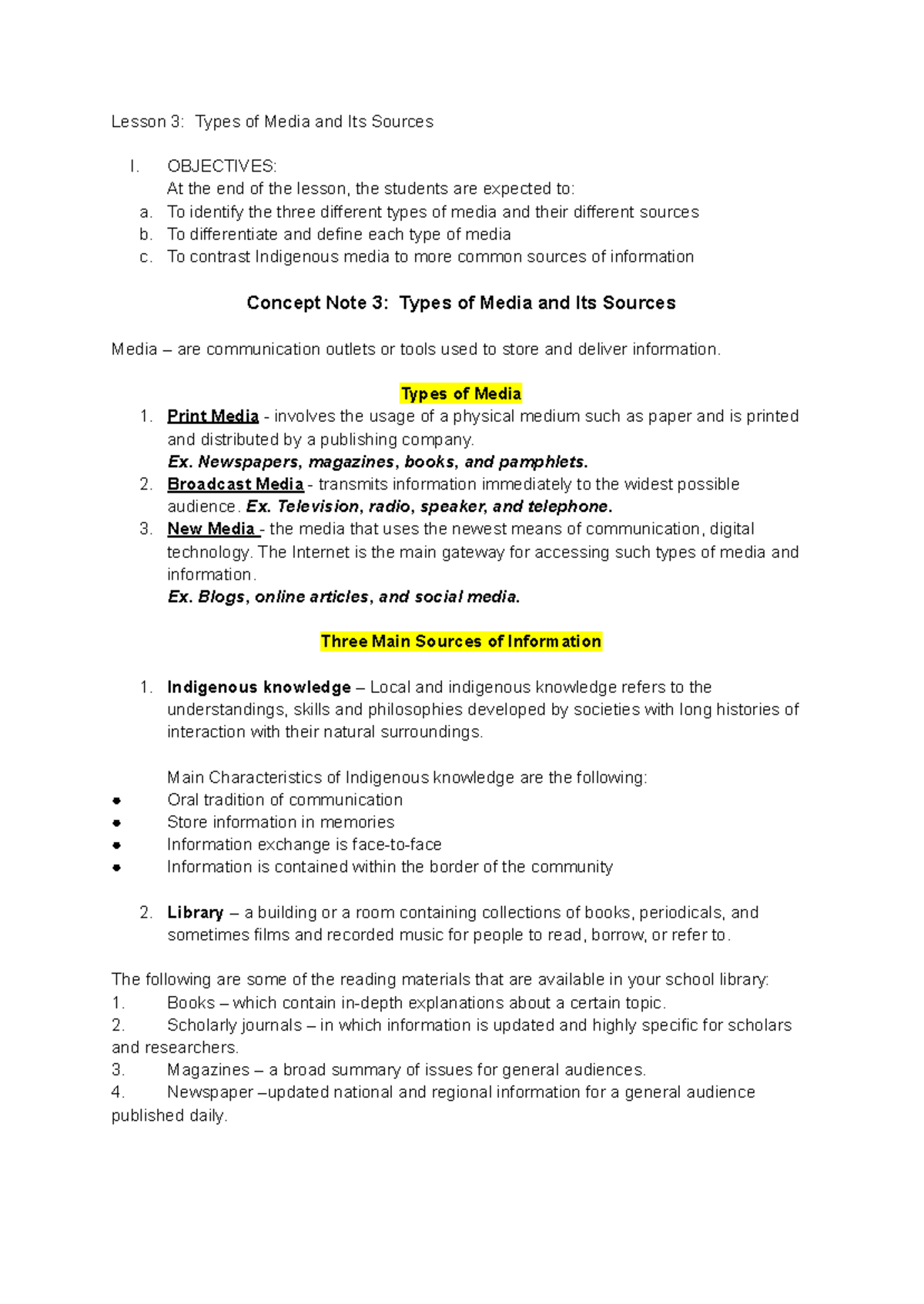 MIL-CN-3 - Mil - Lesson 3: Types of Media and Its Sources I. OBJECTIVES ...