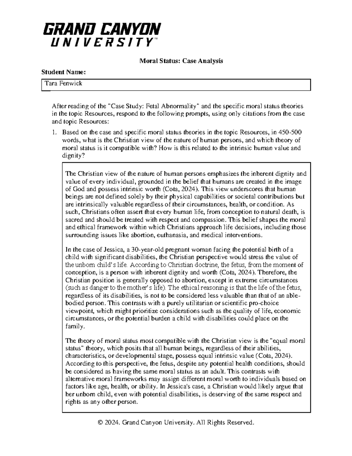 PHI 413V RS T2Moral Status Case Analysis - © 20 24. Grand Canyon ...