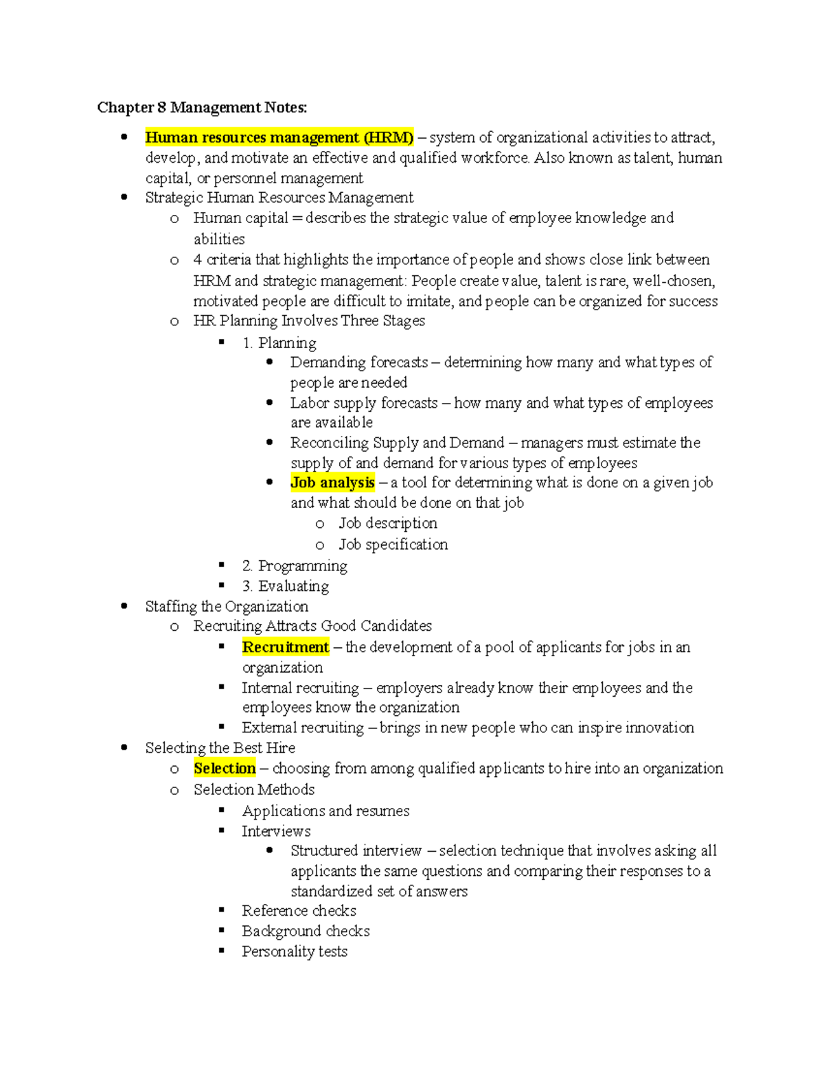 Chapter 8 Management Notes - Chapter 8 Management Notes: Human ...