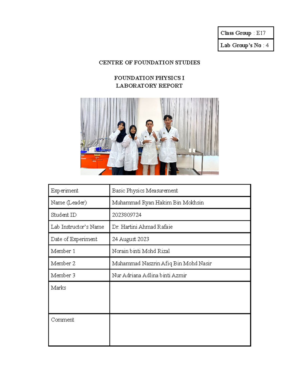 LAB Report Physics Experiment 1 2 Class Group E Lab Group’s No 4