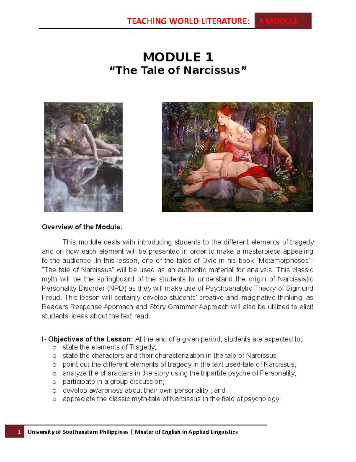 World Literature Module MODULE 1 “The Tale of Narcissus” Overview of