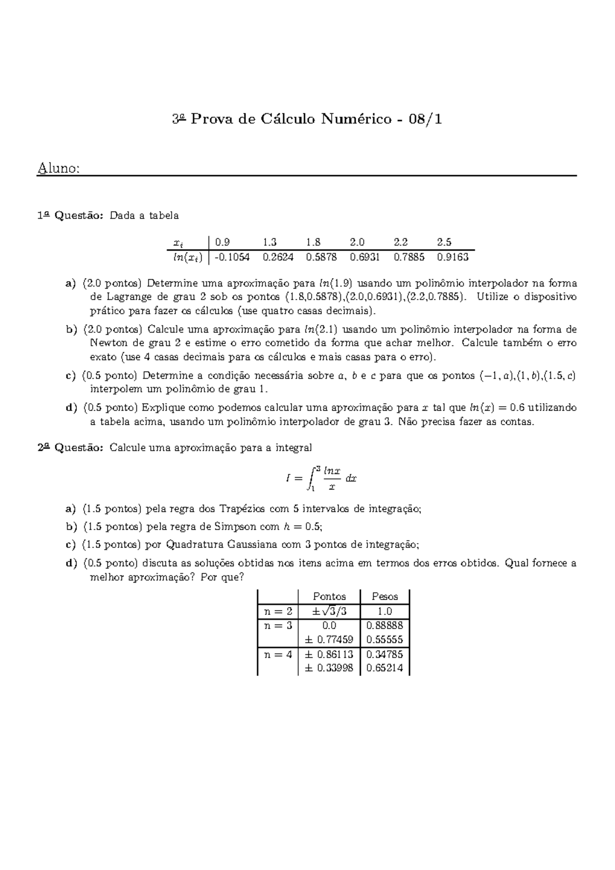 Prova 2014, Questões - 3a Prova De C´ Alculo Num´ Erico - 08/1 Aluno ...