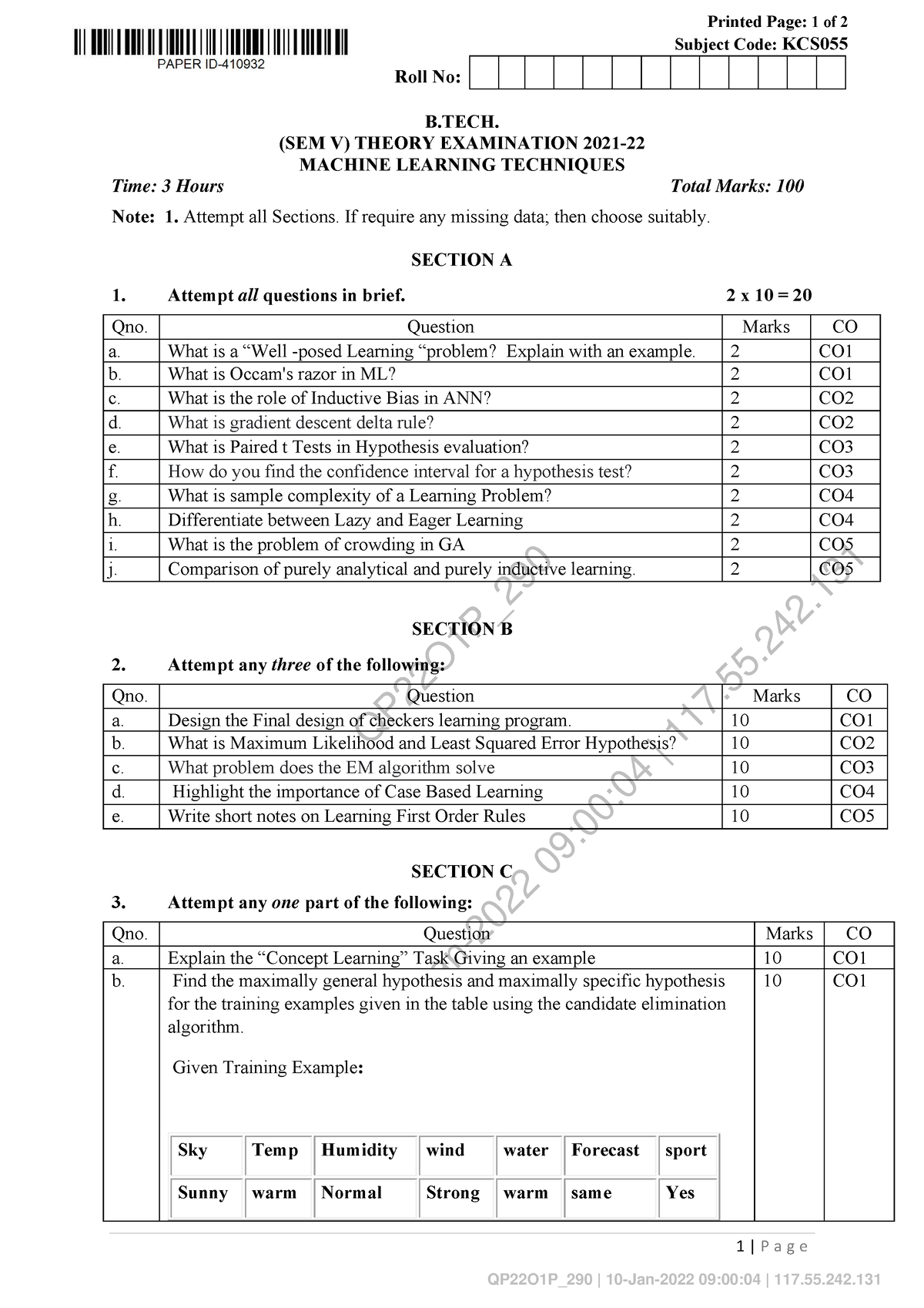 Machine Learning Techniques KCS 055 1 - QP22O1P_ | 10-Jan-2022 09:00:04 ...