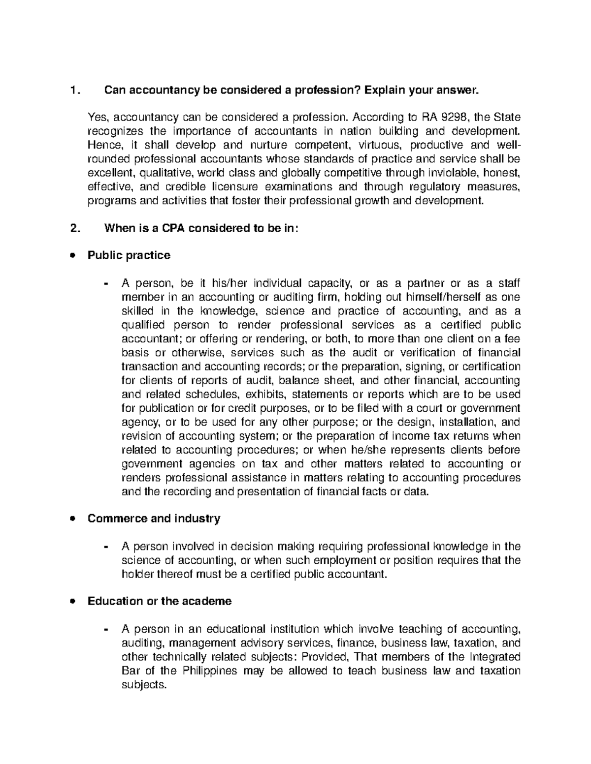 RA 9298 Answers - RA 9298 - Can accountancy be considered a profession ...