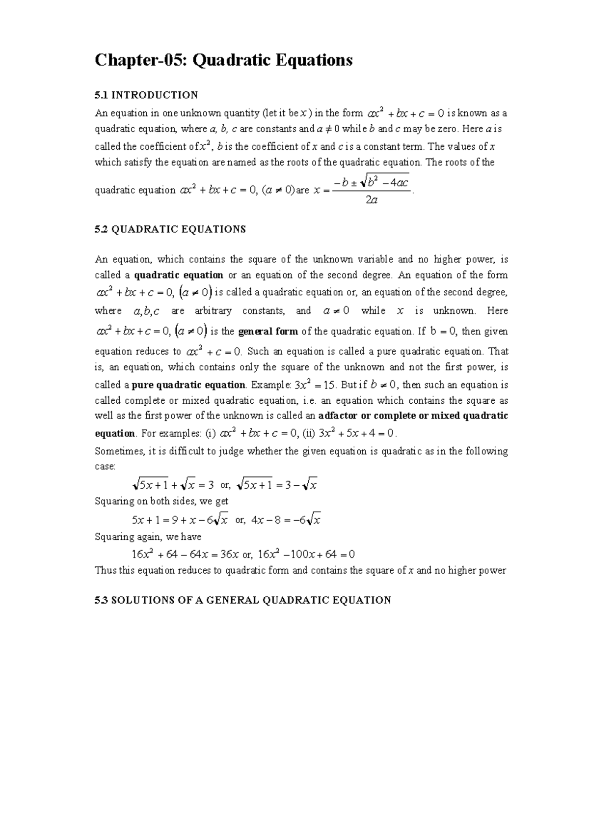 Chapter-5 Quadratic Equations - Here a is called the coefficient of 2 x ...