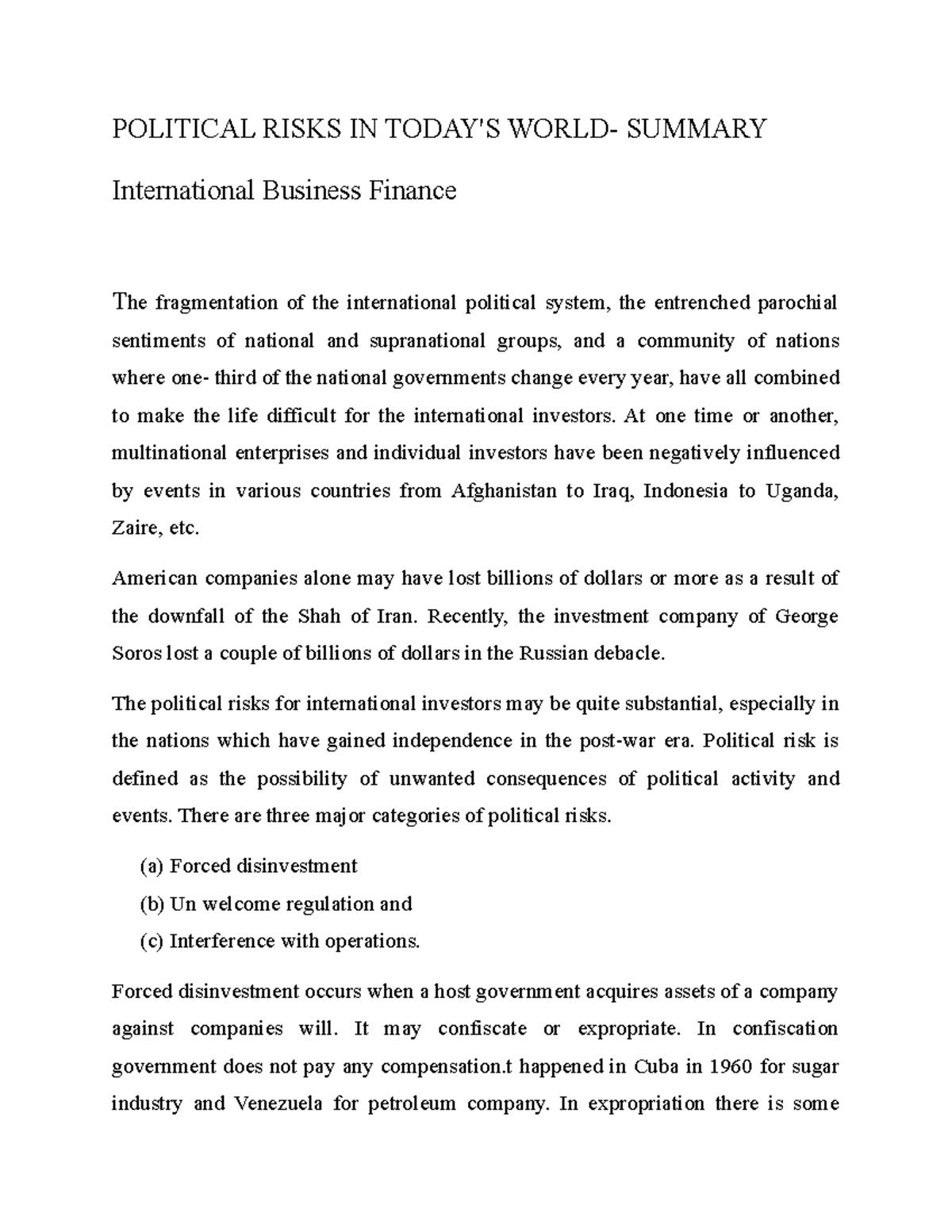 Political Risks IN Today - POLITICAL RISKS IN TODAY'S WORLD- SUMMARY ...