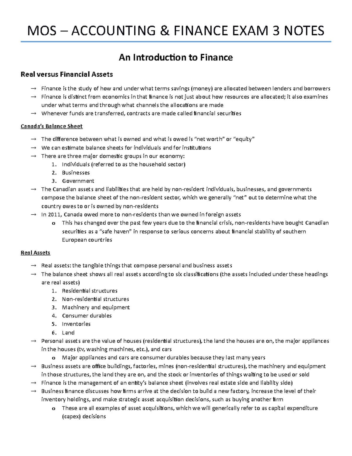MOS Exam 3 Notes - MOS – ACCOUNTING & FINANCE EXAM 3 NOTES An ...