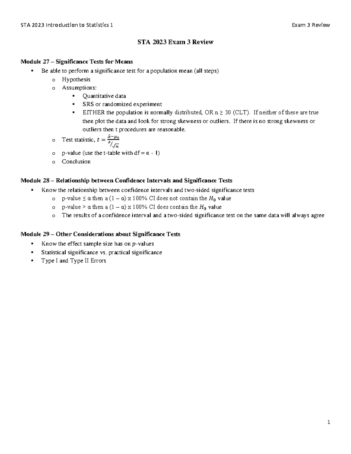 Exam 3 Review - Quick summary of some important material - STA 2023 ...