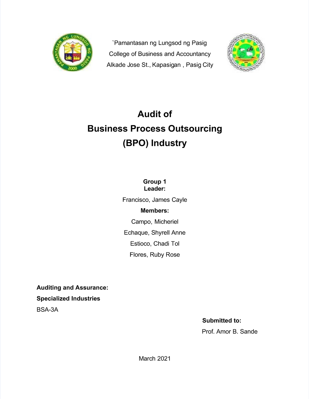 audit of a bpo company - Pamantasan ng Lungsod ng PasigPamantasan ng ...