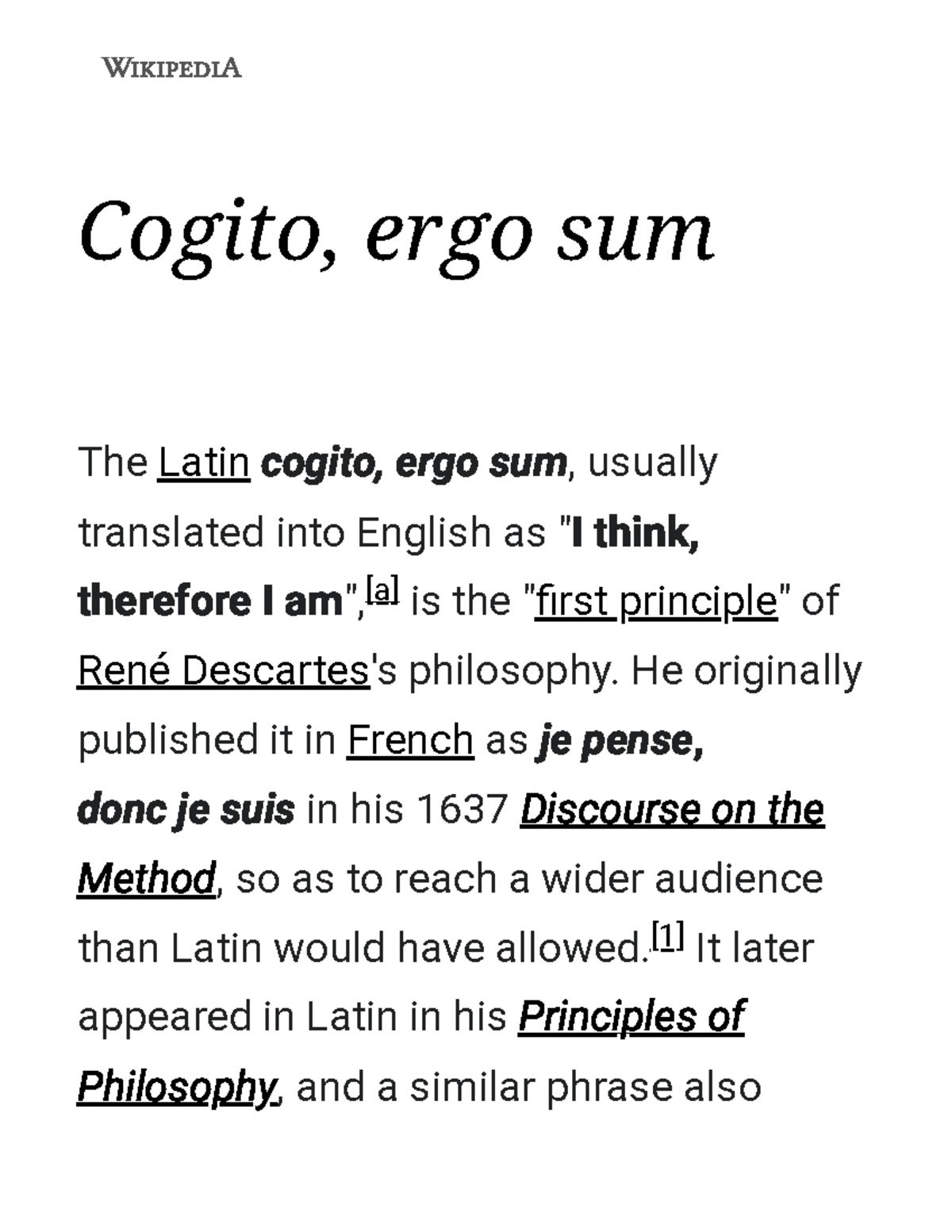 Cogito, ergo sum Wikipedia Cogito, ergo sum The Latin cogito, ergo