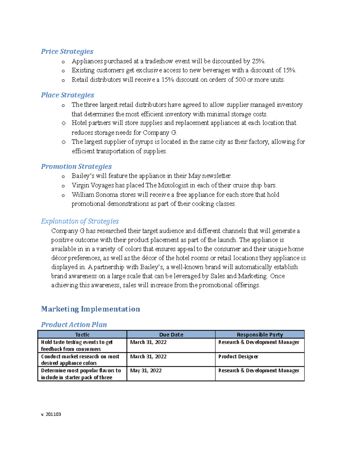 Company G One-Year Marketing Plan - Pages 7 to 8 - Price Strategies o ...