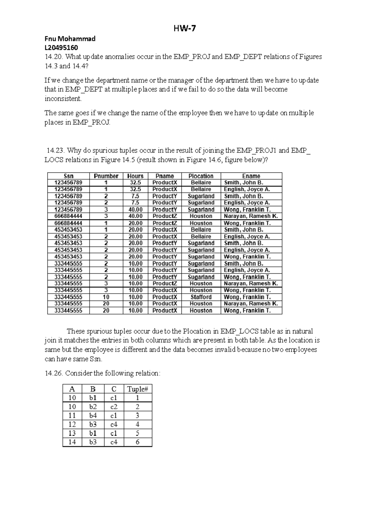 HW-7solution - Homework - HW- Fnu Mohammad L 14. What Update Anomalies ...