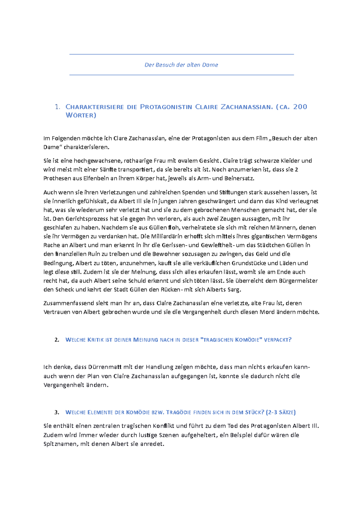 Charakterisierung Claire Zachanassian Der Besuch Der Alten Dame Der Besuch der alten Dame - CHARAKTERISIERE DIE PROTAGONISTIN CLAIRE