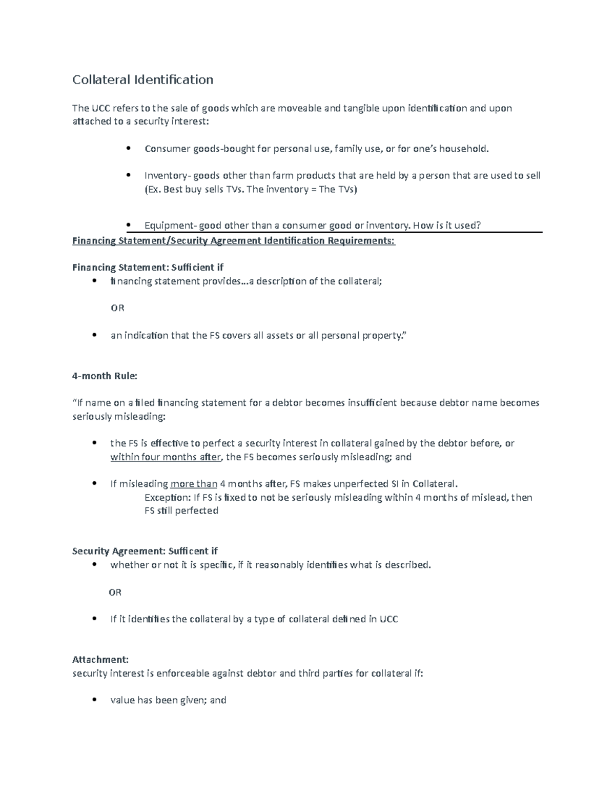 Secured Transactions Outline - Collateral Identification The UCC refers ...
