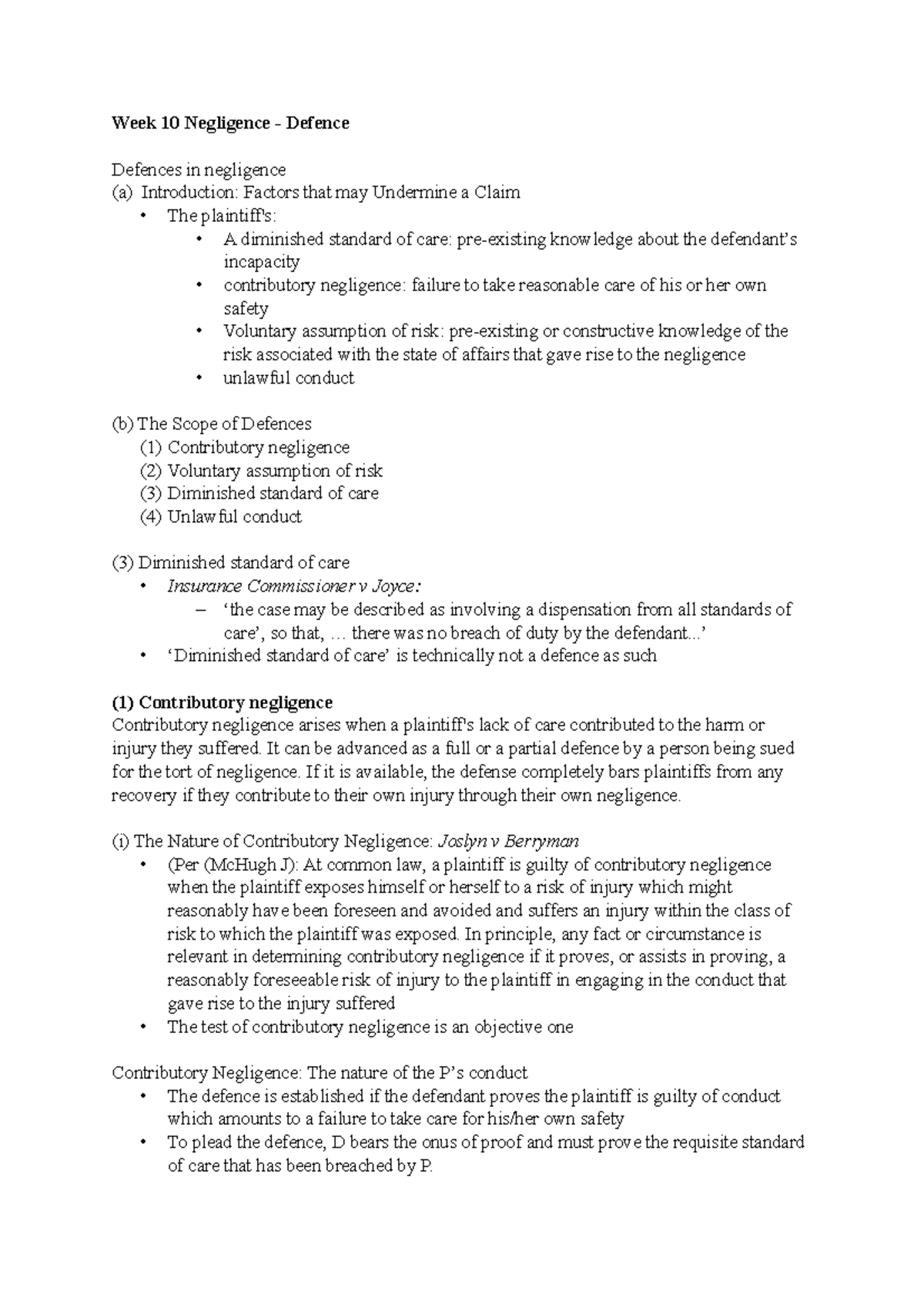 Week 10 Negligence Defence Week 10 Negligence Defence Defences in