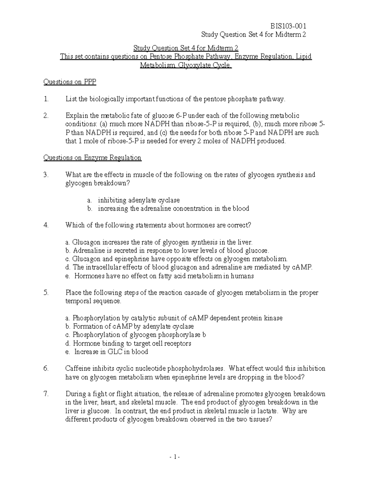 Problem Set Study Question Set 4 For Midterm 2 Study Question Set 4