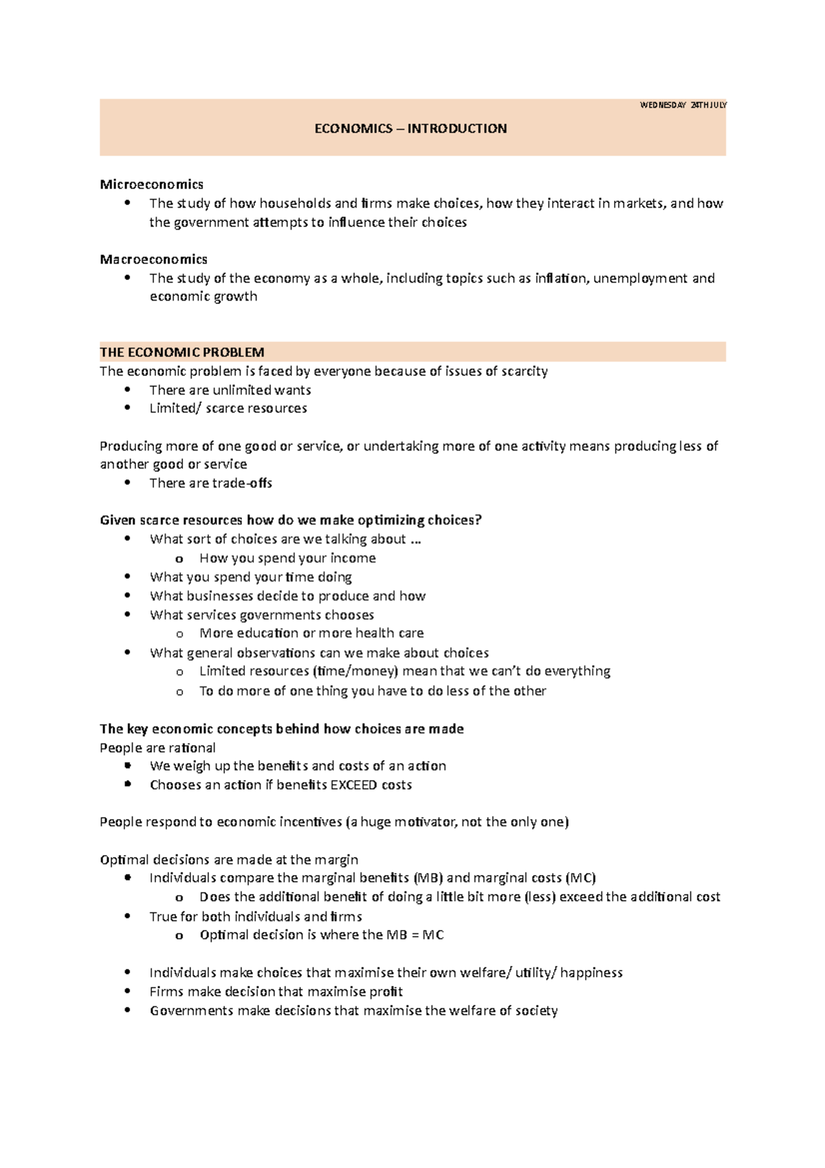 Week 1 - Introduction - WEDNESDAY 24TH JULY ECONOMICS – INTRODUCTION ...