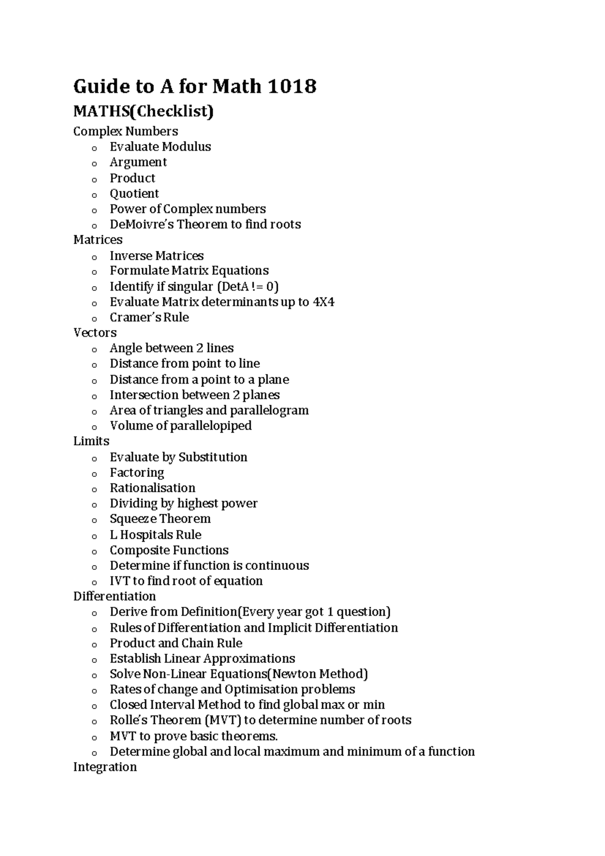 checklist for mh1810 - Guide to A for Math 1018 MATHS(Checklist ...