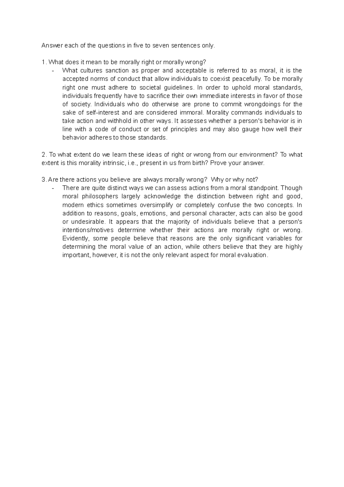 Answer - NA N/A - Answer each of the questions in five to seven ...