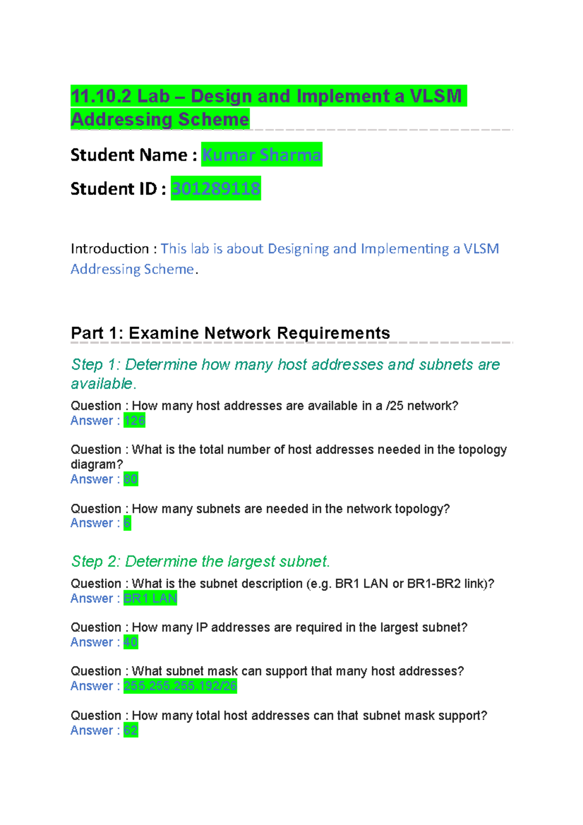 11.10.2 Lab – Design and Implement a VLSM-Kumar-Sharma-Sec006-9118 - 11 ...