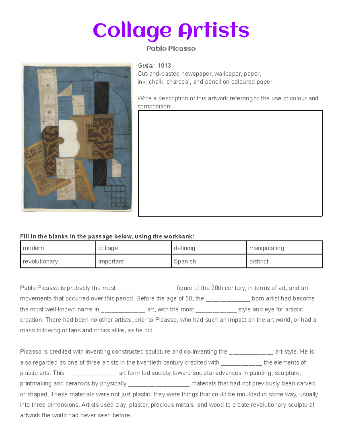 Collage Artists Worksheet-1 - Collage Artists Pablo Picasso Guitar ...