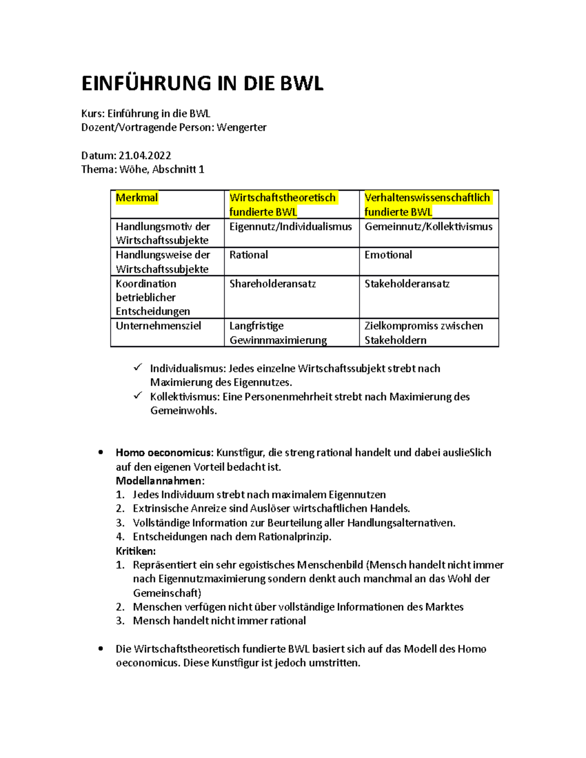 Einführung In Die Bwl Einführung IN DIE BWL Notizien - EINFÜHRUNG IN DIE BWL Kurs: Einführung