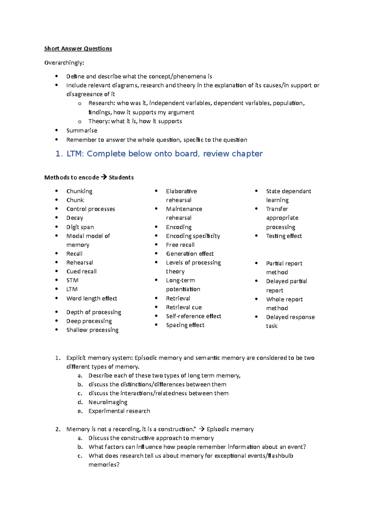 Past exam Short Answer questions compiled across years - Short Answer ...